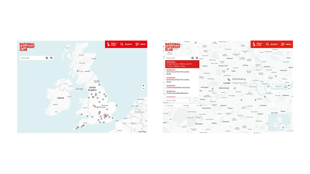 Selecting ‘London’ and ‘Escape Studios’ (select an area on the map option) on National Saturday Club's interactive map