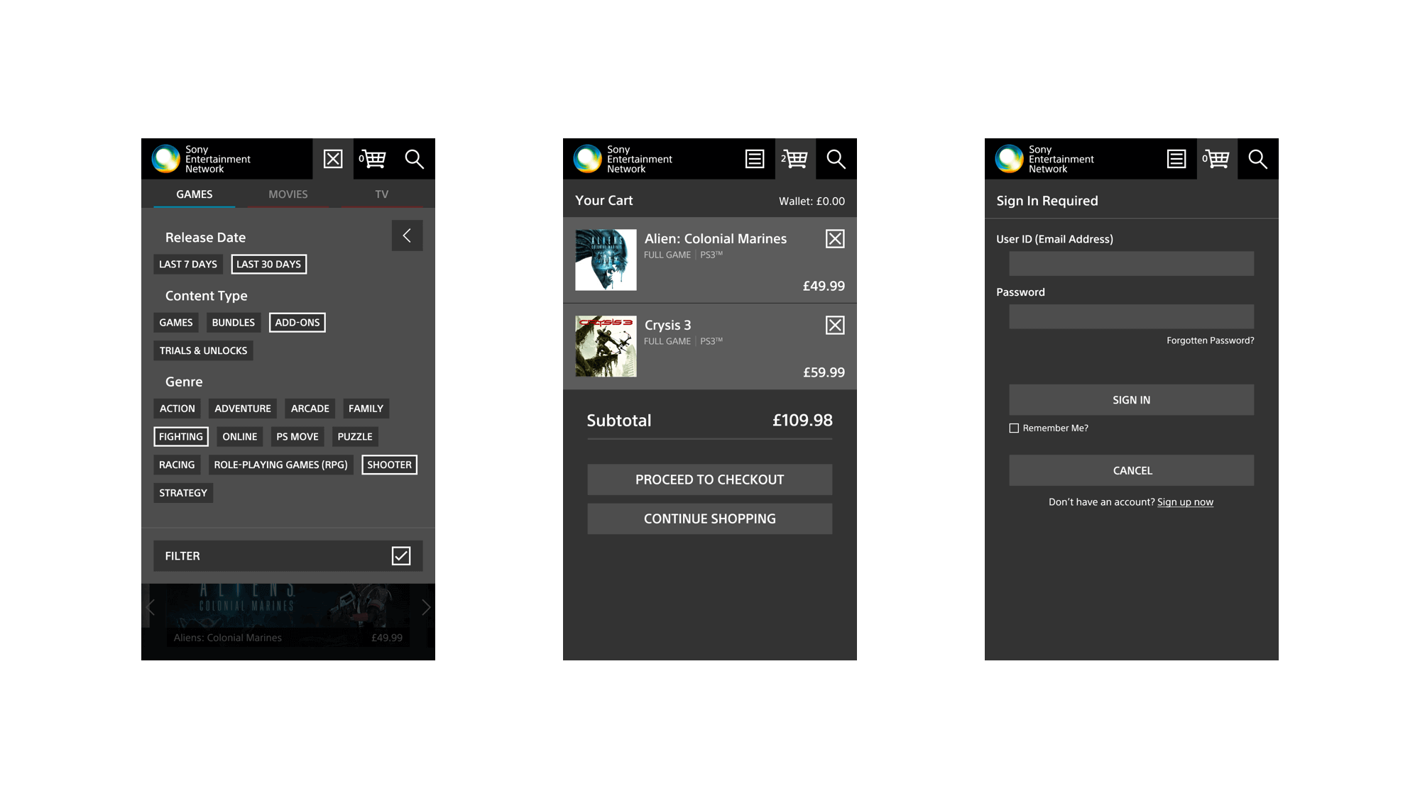 L-R: PlayStation Store mobile designs for filtering (menu overlay), shopping cart page, and user account page