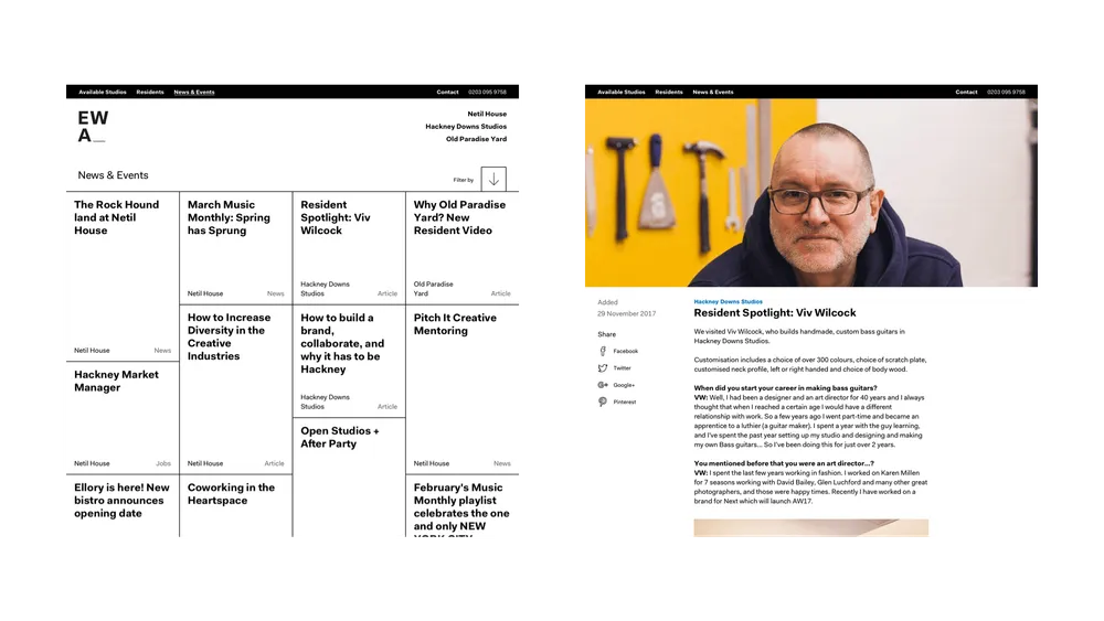 Desktop designs for EatWorkArt's news & events listing page and individual article page