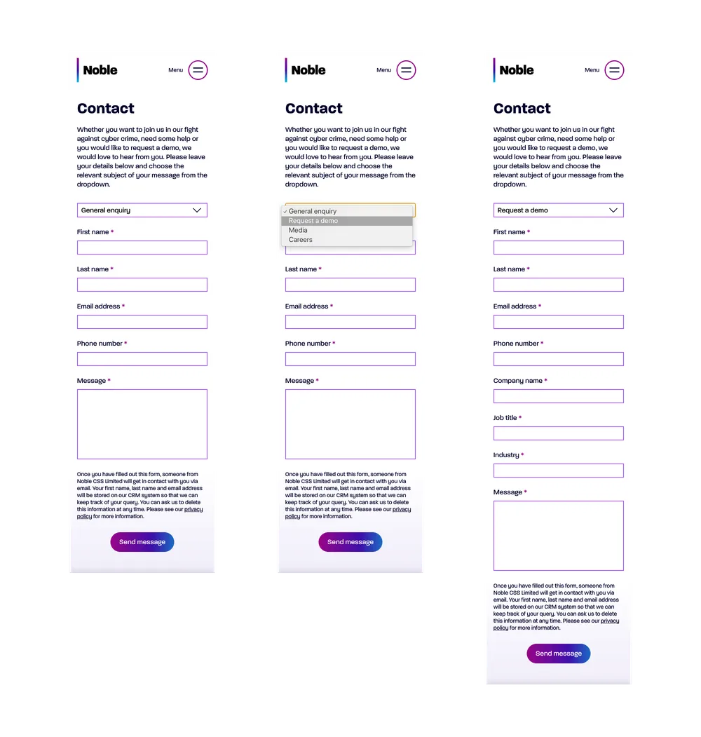 When you select ‘Request a demo’ in the dropdown field, additional fields appear that won’t otherwise be relevant under other dropdown options
