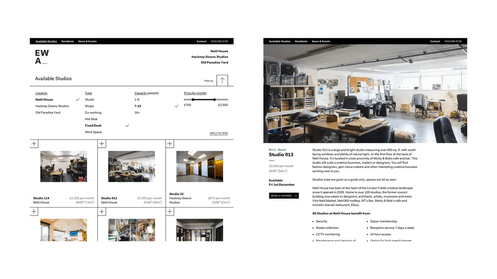 Desktop designs for EatWorkArt's studio listings page (filters expanded) and individual studio page