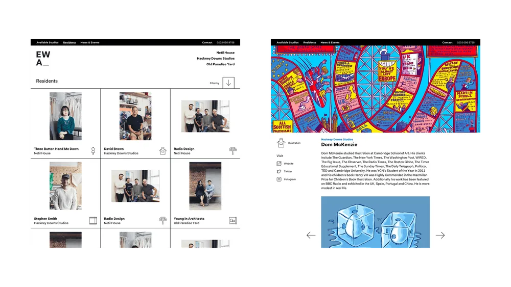 Desktop designs for EatWorkArt's resident listing page and individual resident page
