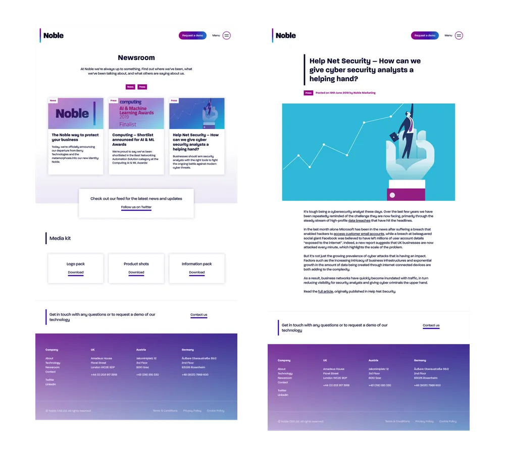 Noble newsroom page and article page
