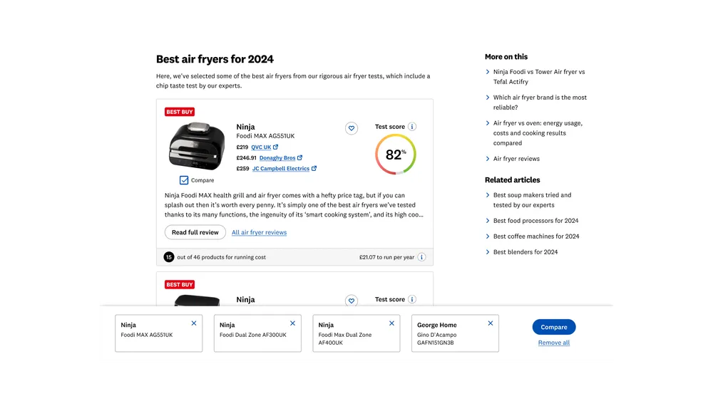 Air fryer 'best' page with compare tray open with a number of products added to compare