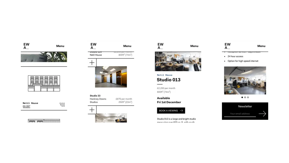 Mobile designs for EatWorkArt's homepage, studio listing page, and individual studio page (studio details and gallery)
