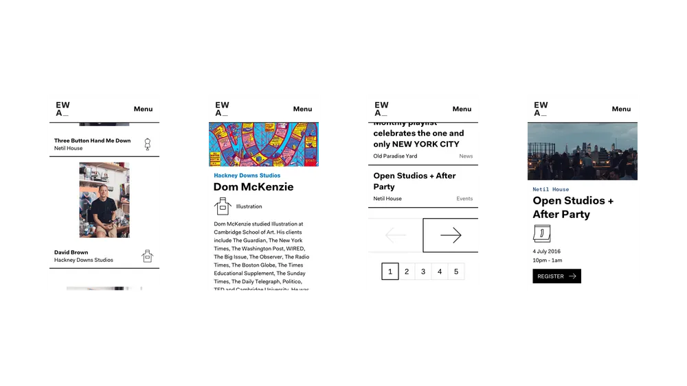 Mobile designs for EatWorkArt's resident listing page, individual resident page, news & events listing page, and individual event page