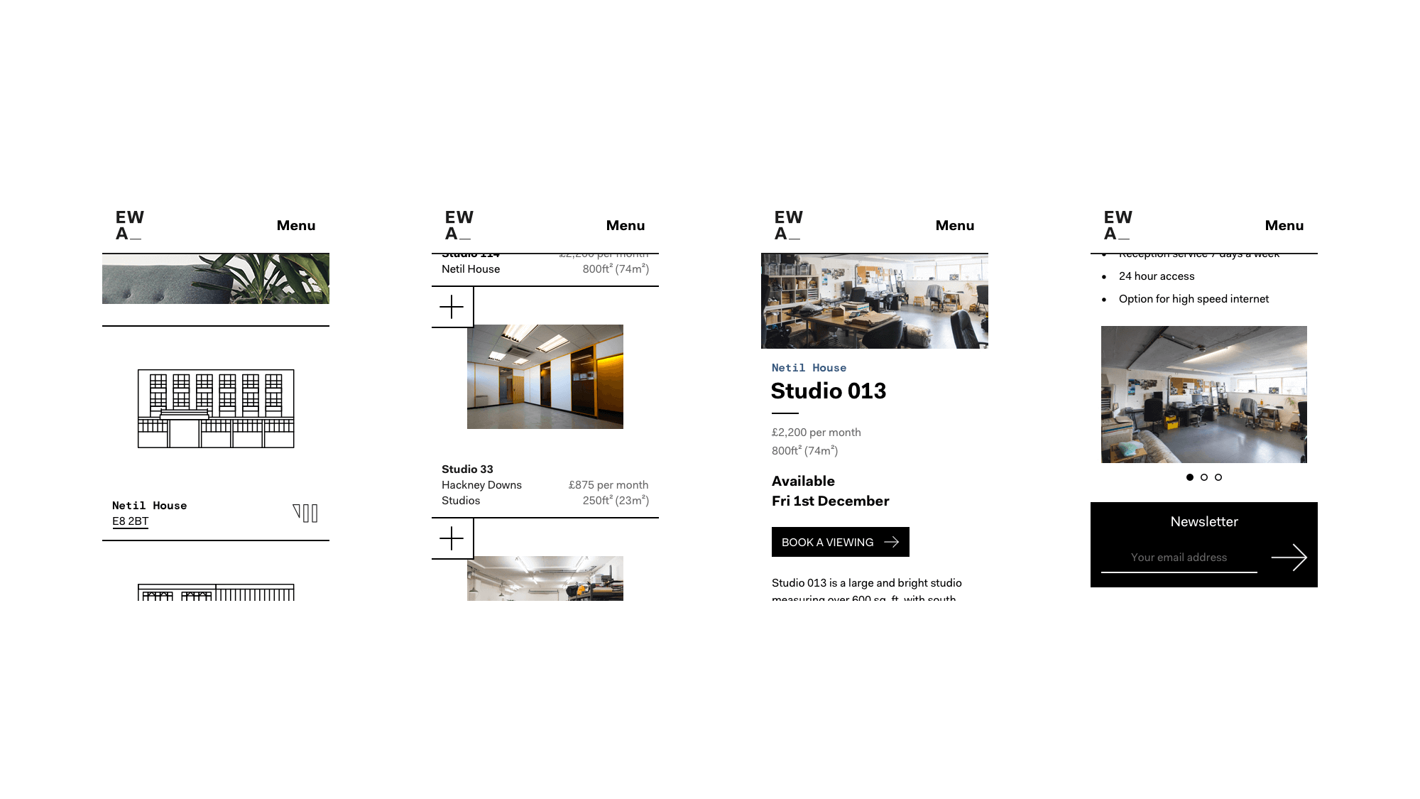 Mobile designs for EatWorkArt's homepage, studio listing page, and individual studio page (studio details and gallery)