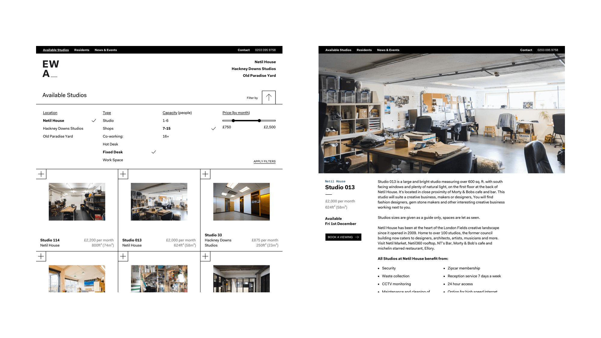 Desktop designs for EatWorkArt's studio listings page (filters expanded) and individual studio page