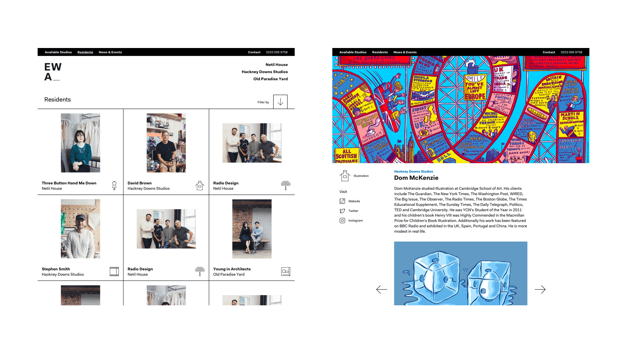 Desktop designs for EatWorkArt's resident listing page and individual resident page