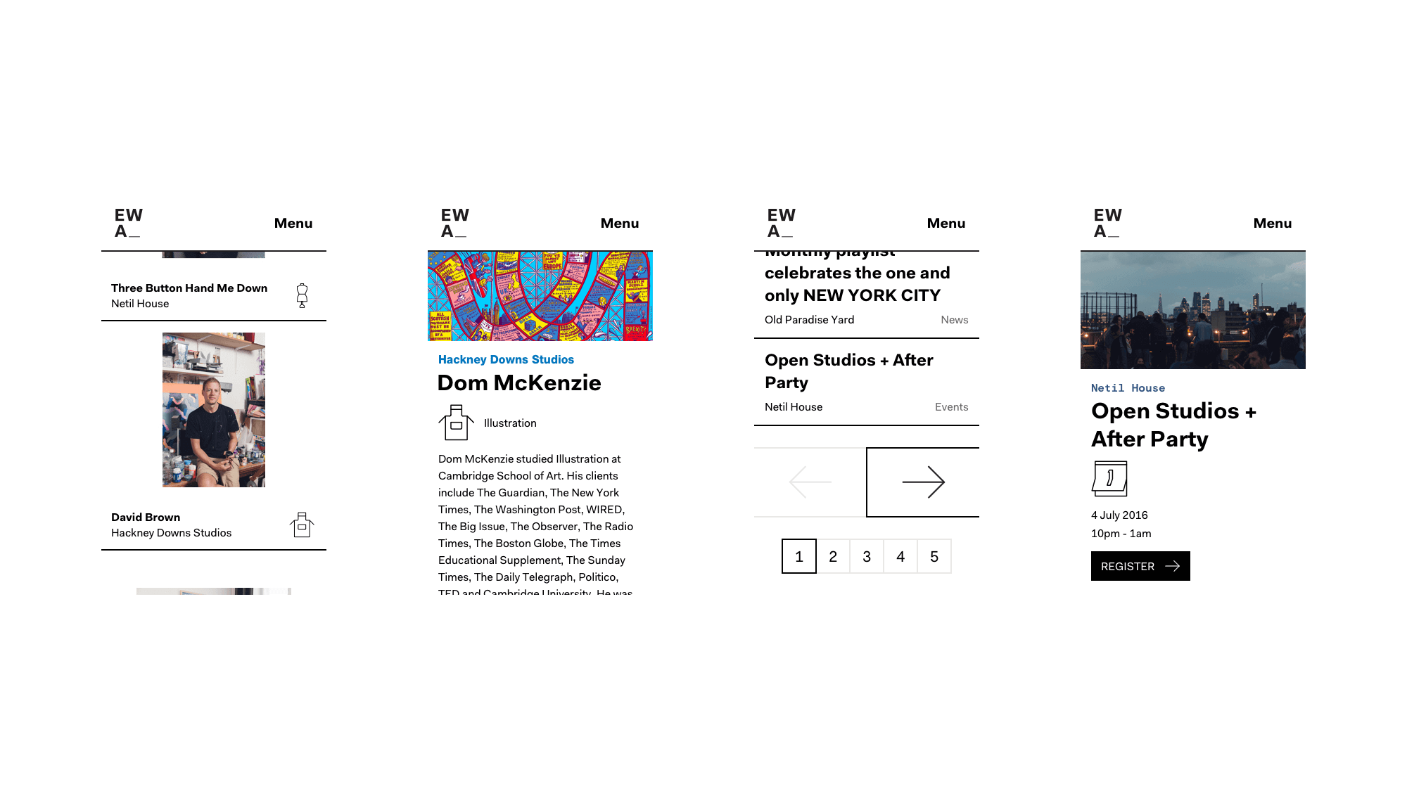 Mobile designs for EatWorkArt's resident listing page, individual resident page, news & events listing page, and individual event page