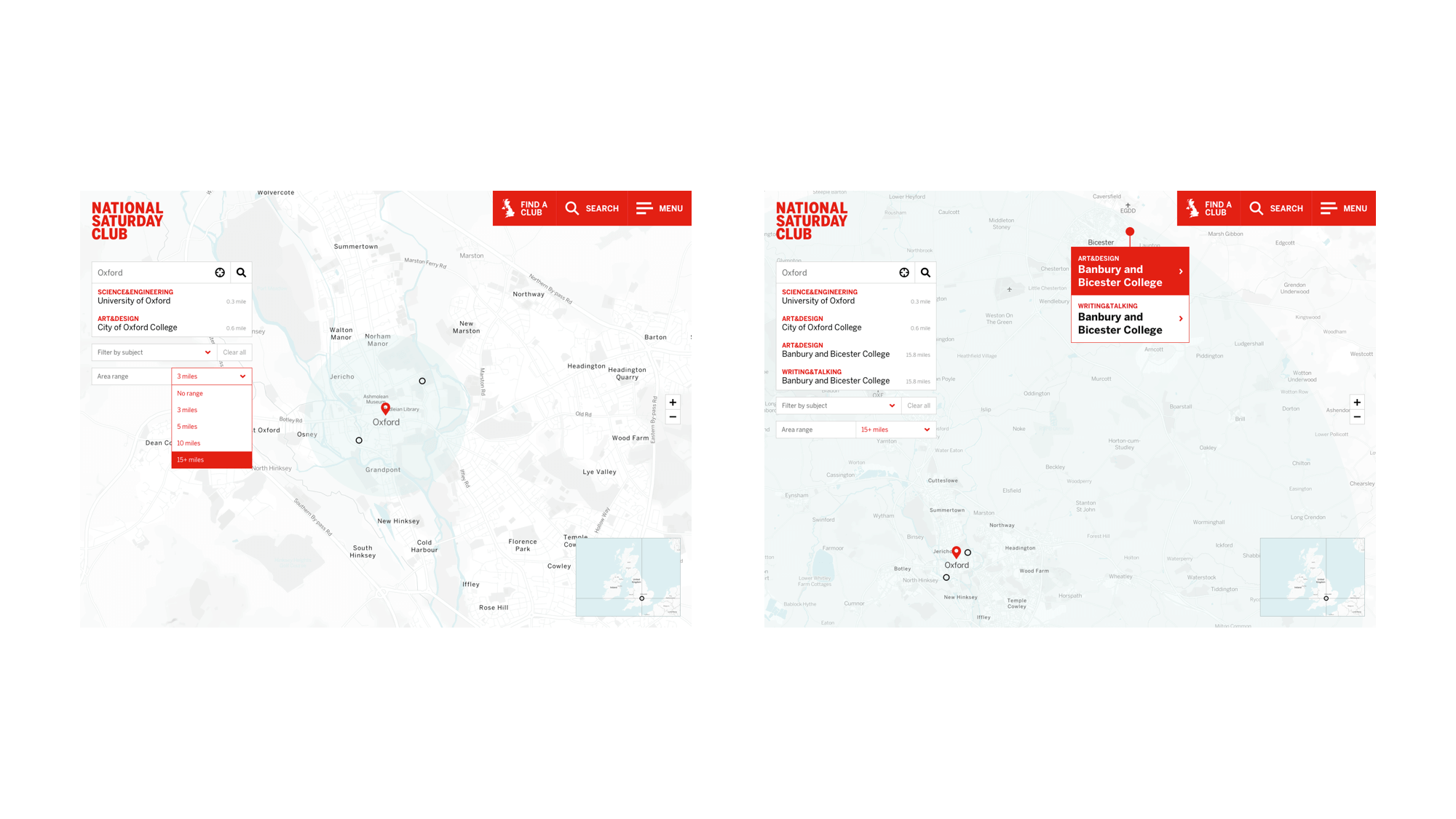 Selecting ’15+ miles’ on the area range dropdown and selecting ‘Banbury and Bicester College’ (area range option) on National Saturday Club's interactive map