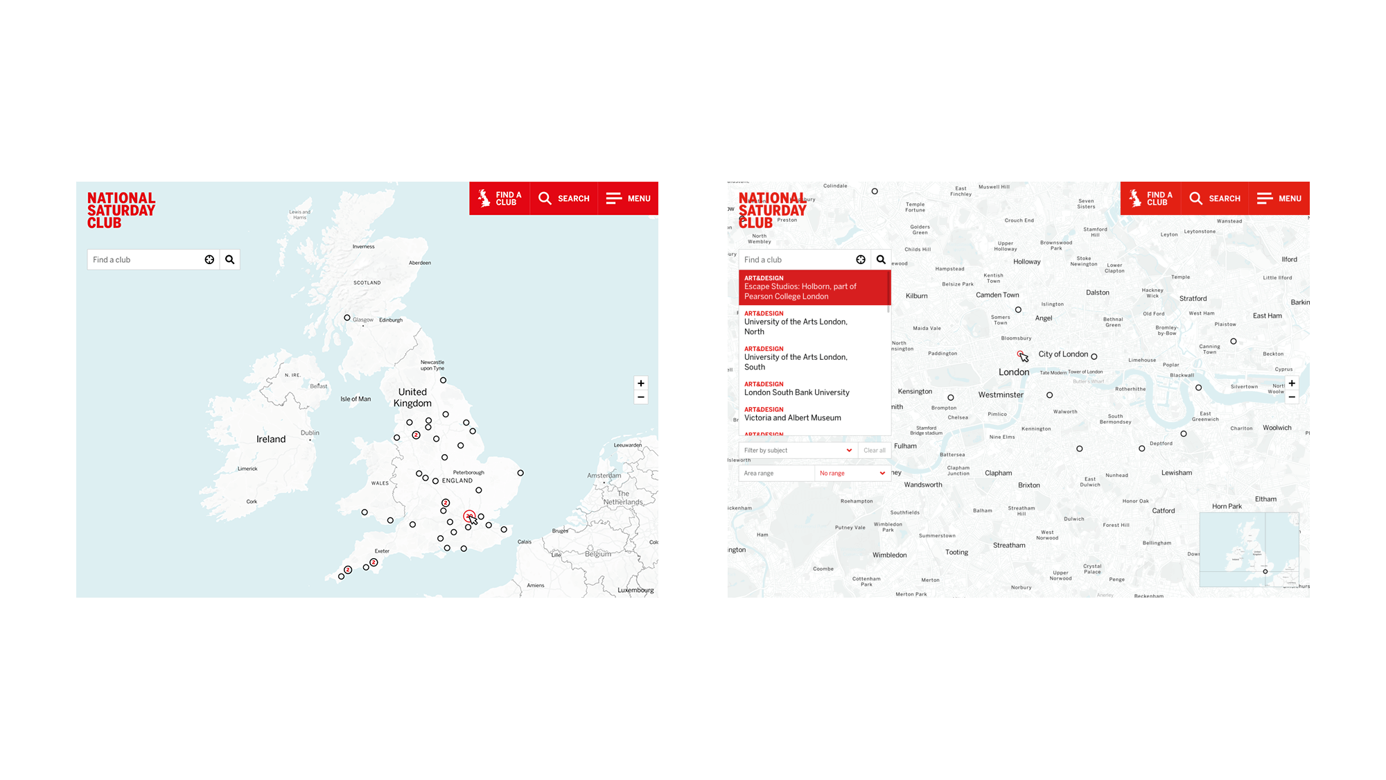 Selecting ‘London’ and ‘Escape Studios’ (select an area on the map option) on National Saturday Club's interactive map