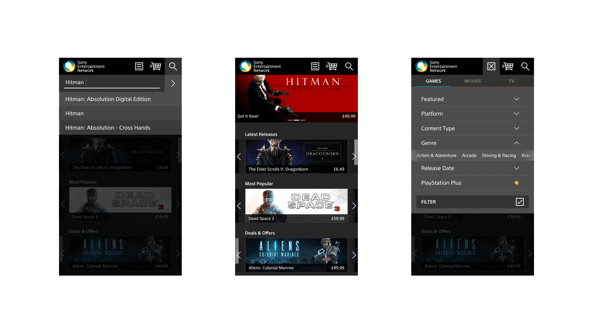 PlayStation Store mobile designs for search suggestion overlay, homepage, and menu overlay