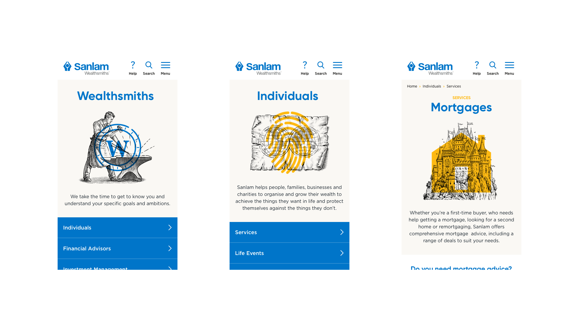 Sanlam homepage, individuals page, and services (mortgage) page