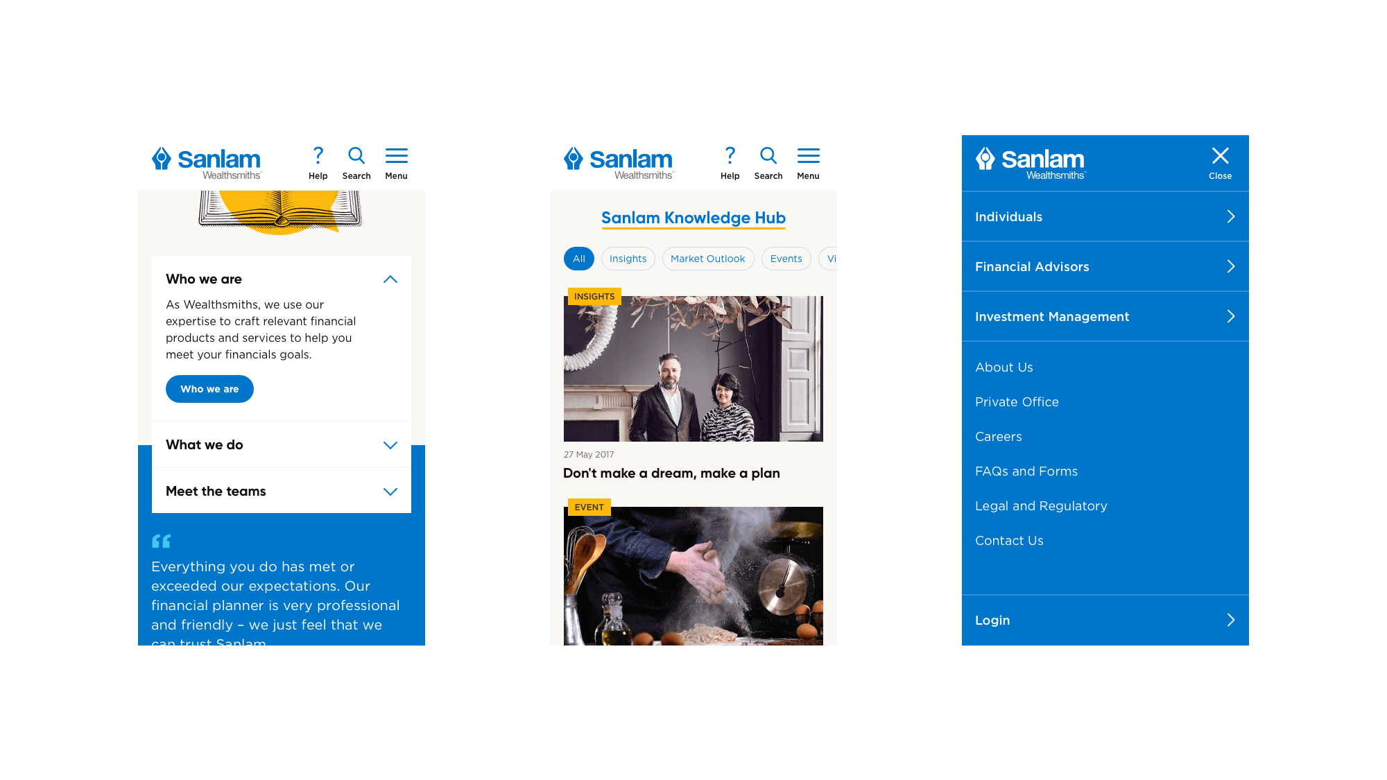 Mobile designs for Sanlam's ‘About Us’ section on the homepage, article listing page, and menu overlay
