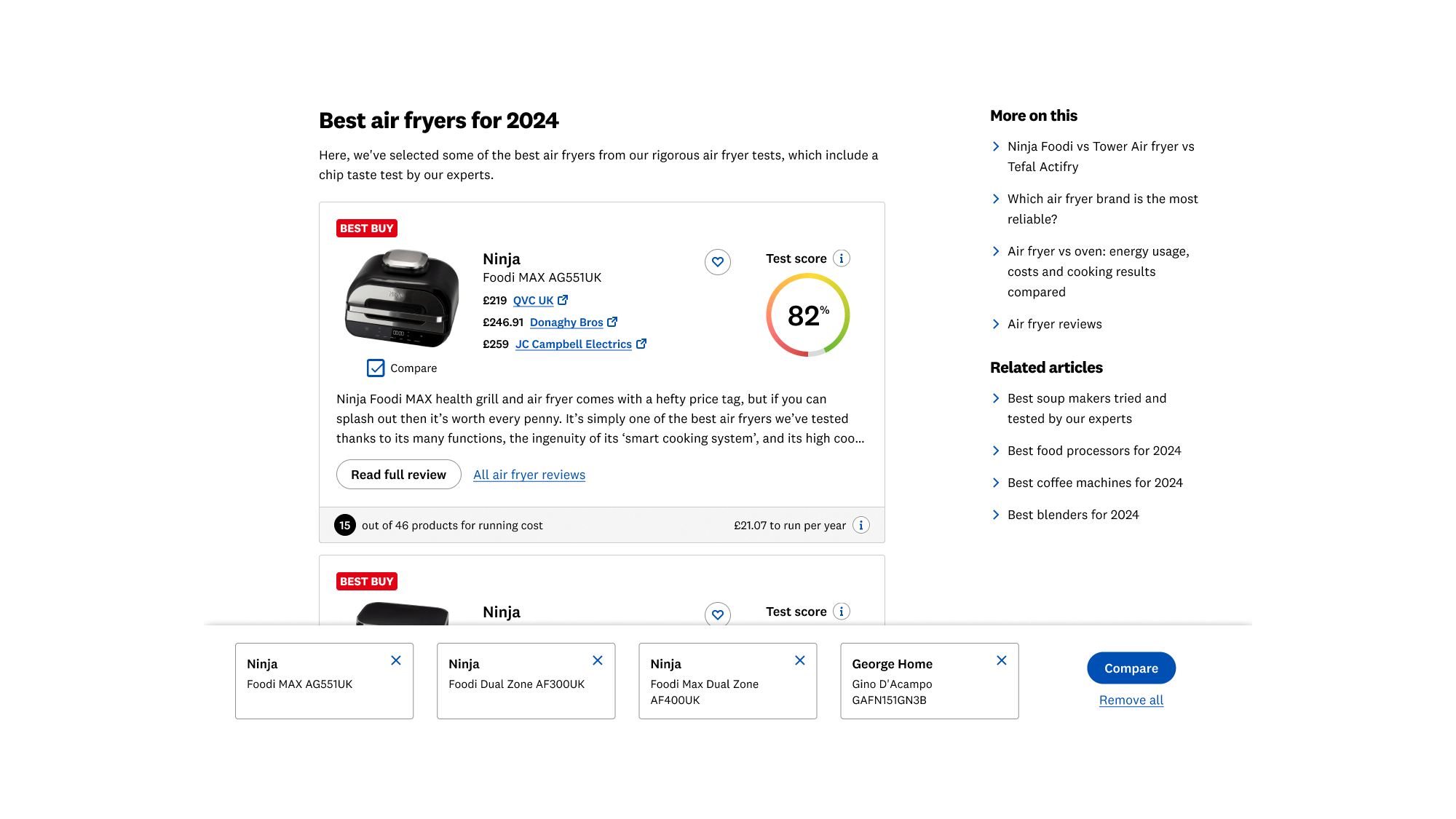 Air fryer 'best' page with compare tray open with a number of products added to compare